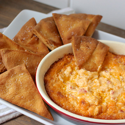 Hot Pimento Cheese Dip & Baked Naan Bread Chips