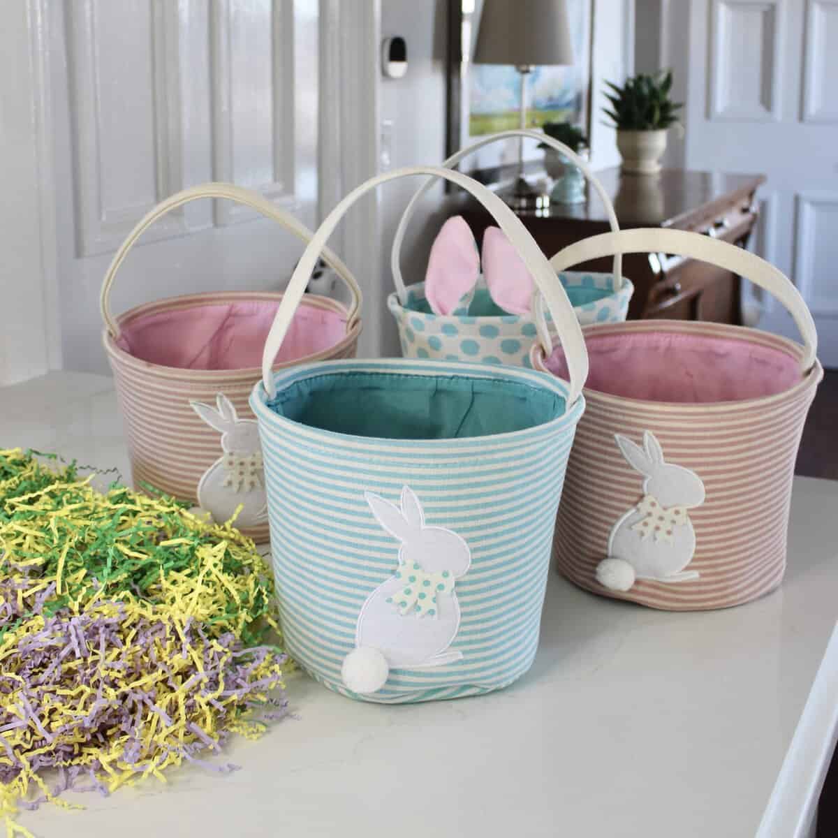 fabric easter baskets with paper crinkle grass