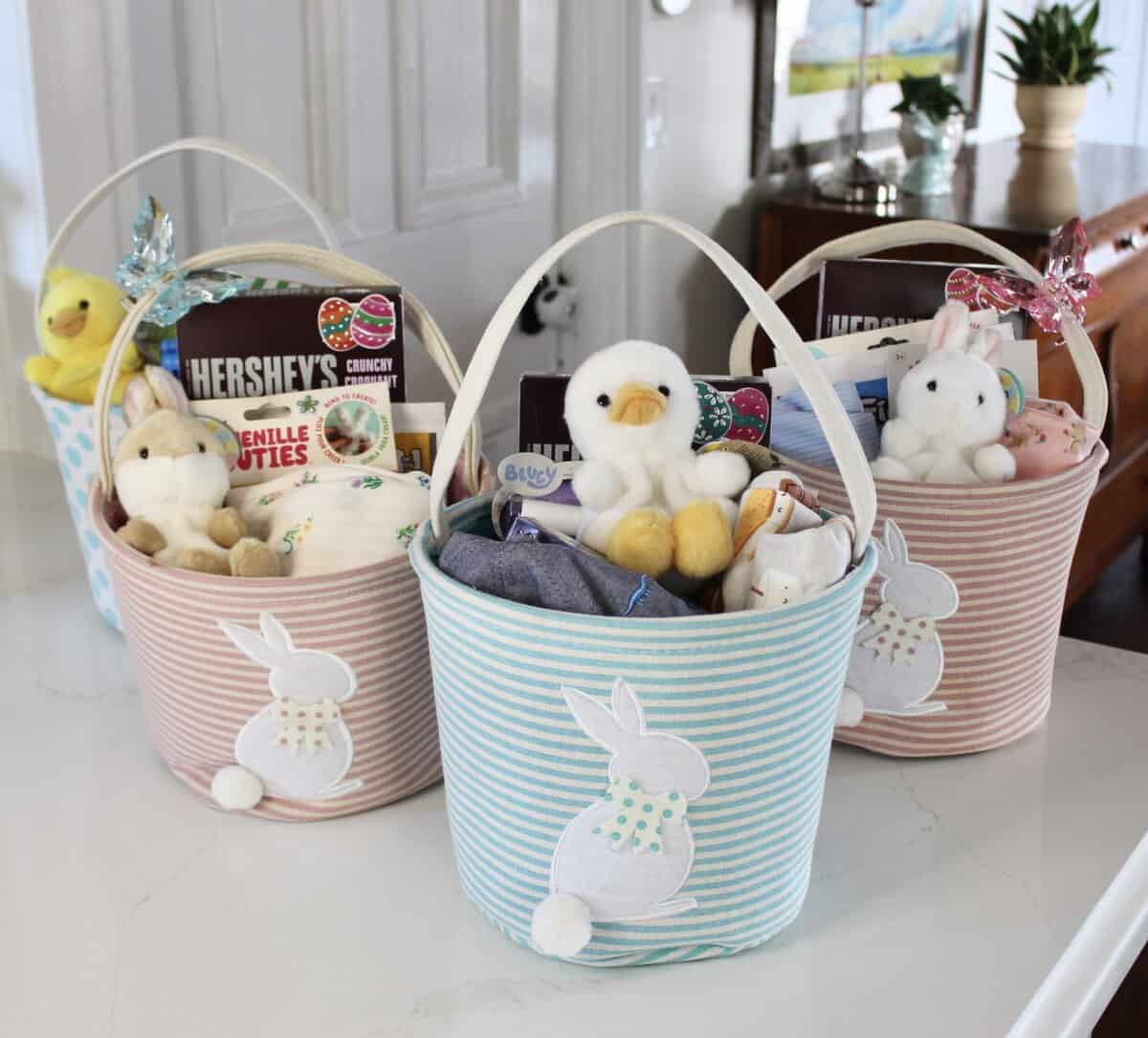 easter baskets filled with toys and chocolate