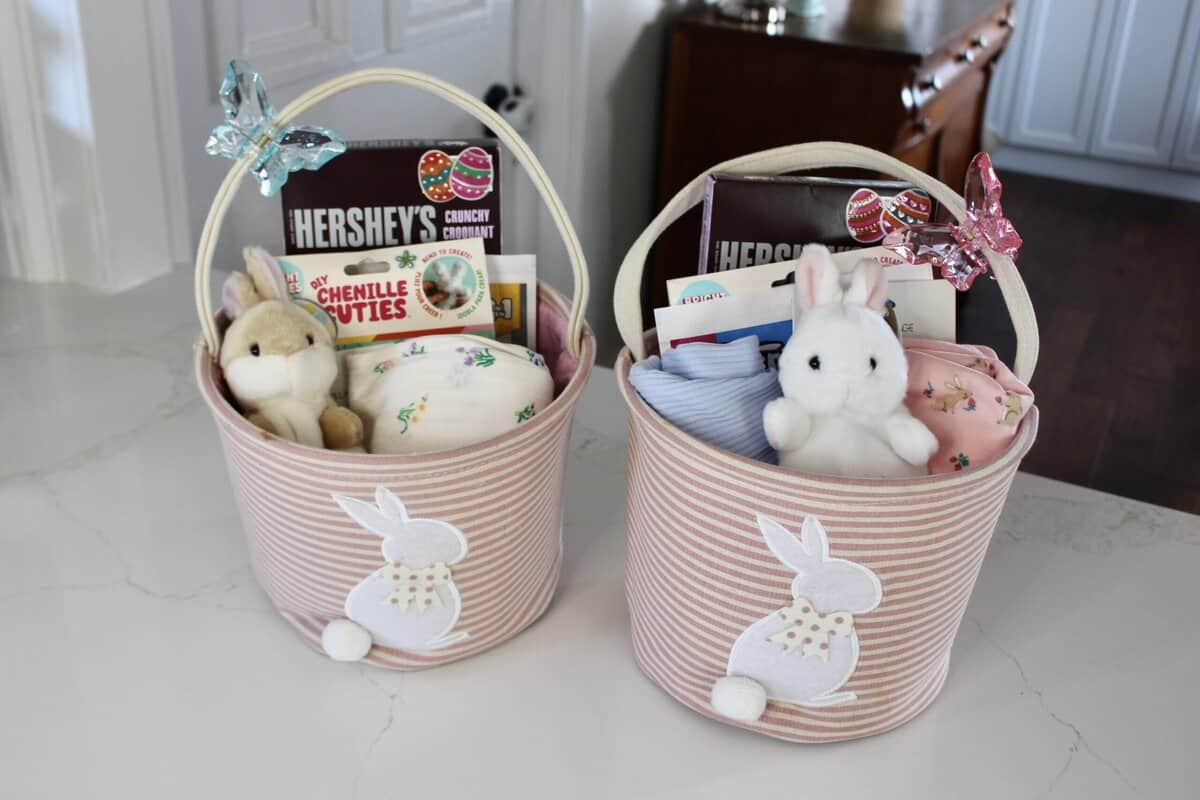 pink easter baskets filled with gifts